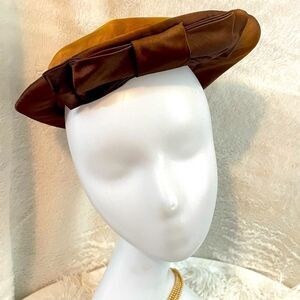 Vintage 1940s Bronze Satin Dish Hat with Golden Cloisonné Hat Pin